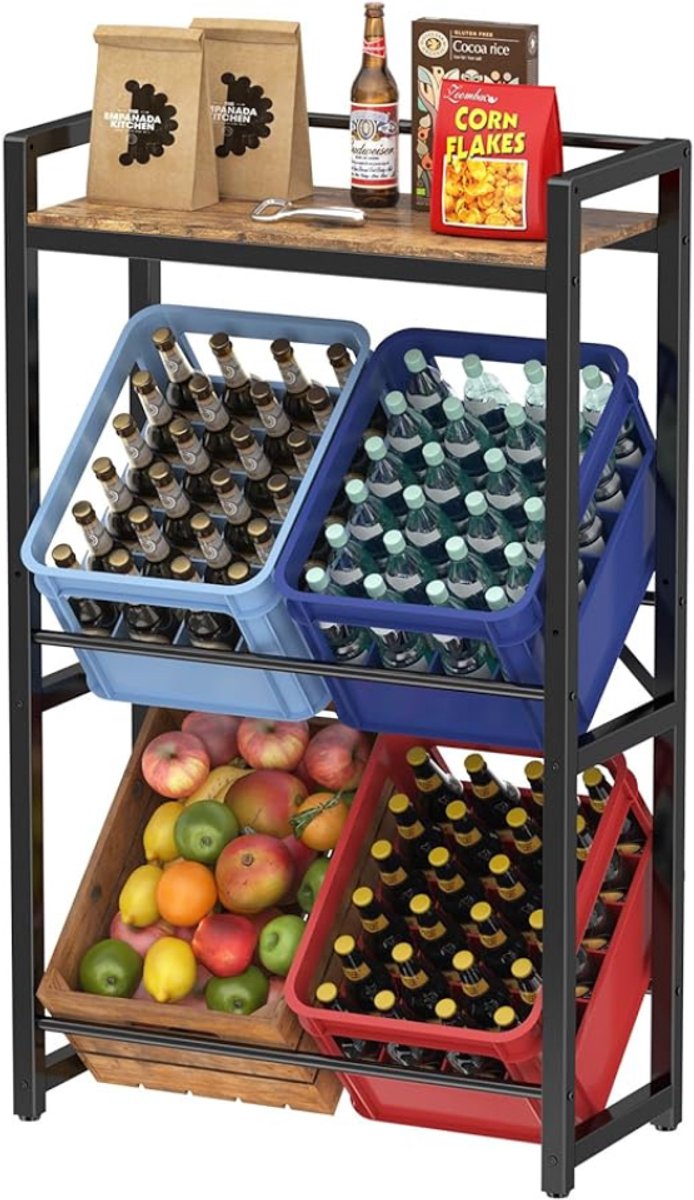 Verte Krattenrek - Kistrek met Opbergruimte voor 4 Kratten - Metalen Krattenrek - Draagbaar tot 240 kg - Vrijstaande Kistenstandaard - Kistrek - Waterkrattenrek - Bierkrattenrek - Rustiek Bruin - 32D x 70W x 117,3H CM