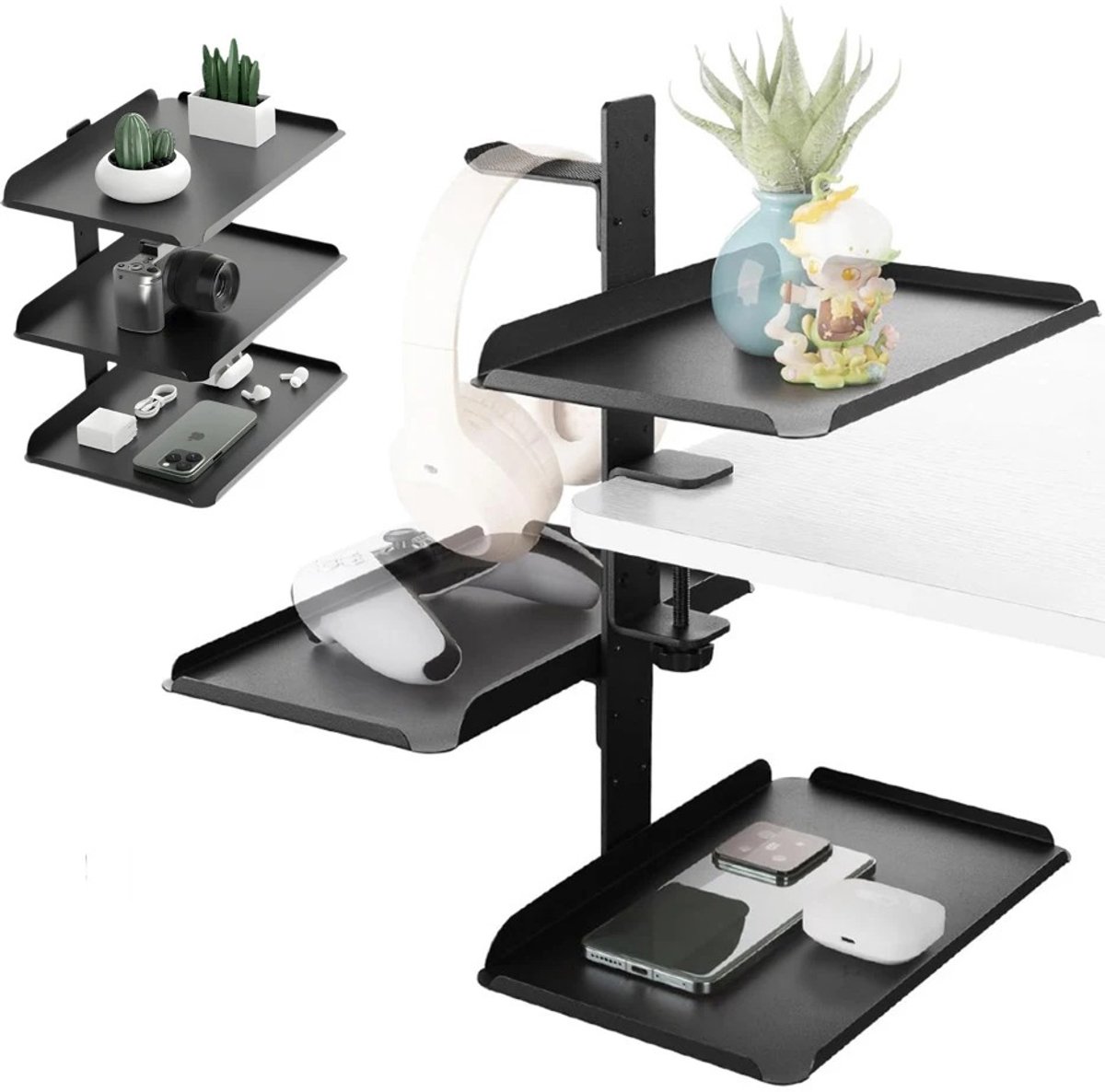 Stervia Opklembare Bureauplank - Bureau Organizer - Opbergplank - 3 Laags - Bureaus Tot 5 cm - Antislip - Incl Telefoonhouder - Zwart - 28 x 17.5 x 44.6 cm