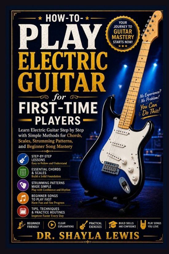 Boek "How-to-Play Electric Guitar for First-Time Players" met een blauwe elektrische gitaar en tekst.