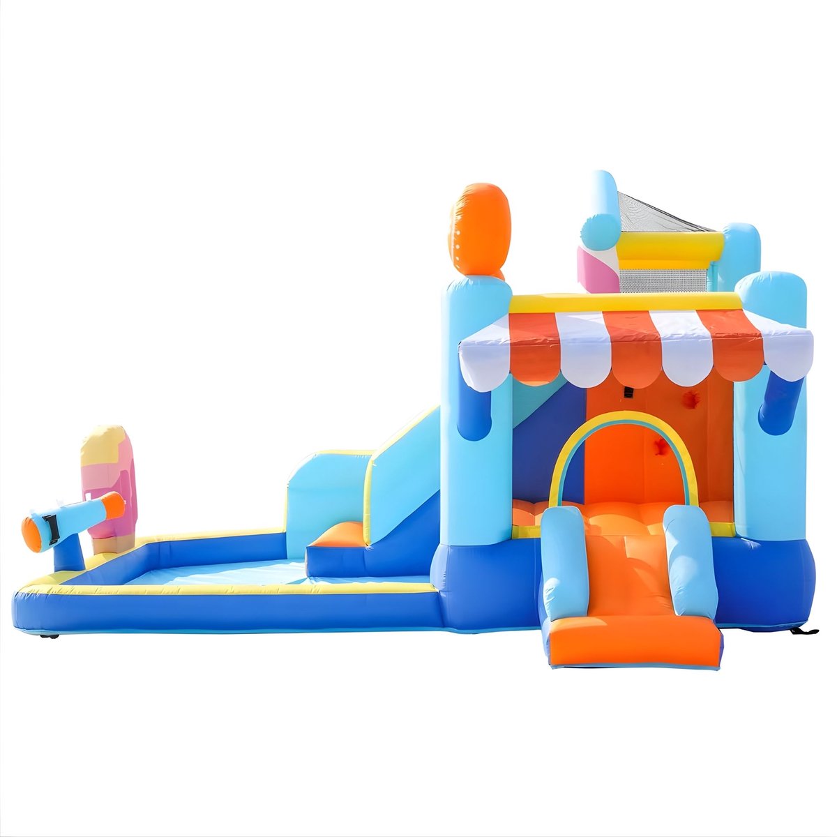 Opblaasbaar Waterpark - Met Glijbaan, Trampoline en Waterfontein - voor kinderen en buiten - Met Zonnescherm - Multicolor 390 x 300 x 197 cm