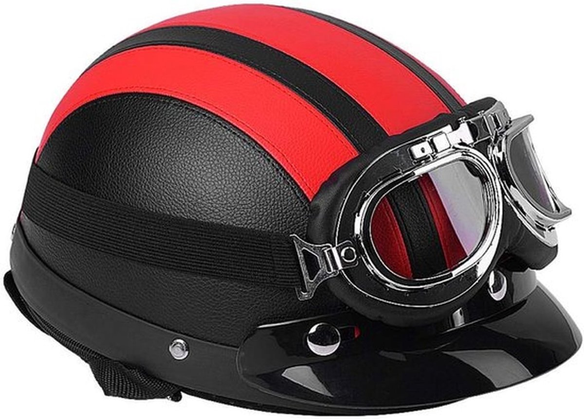 Motorhelm, 54-60 cm, open helm van leer en zachte voering, ingebed met UV-bestendige bril (rood)