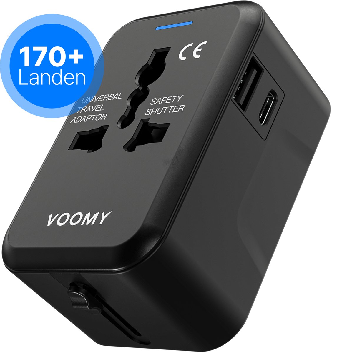 Bol.com Voomy Universele Reisstekker - Wereldstekker voor 170+ landen - 1 USB C poort, 1 USB A Poort & 1 Stekker Ingang - Travel... aanbieding