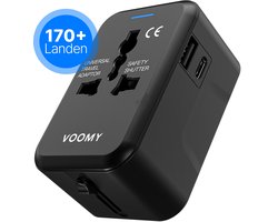 Voomy Universele Reisstekker - Wereldstekker voor 170+ landen - 1 USB C poort, 1 USB A Poort & 1 Stekker Ingang - Travel Adapter: Amerika (USA), Engeland (UK), Australië, Zuid Amerika, Afrika, Italië, Thailand - Zwart