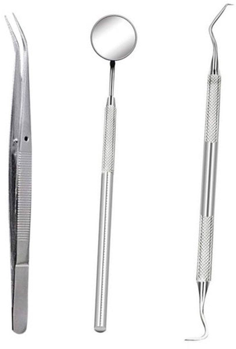 Tandartsset 3-delig - Tandverzorgingsset - Tandarts haak - Mondspiegel - Pincet - Mondhygiëne set - Dental tool kit - Tandarts gereedschap - RVS - Jonyx