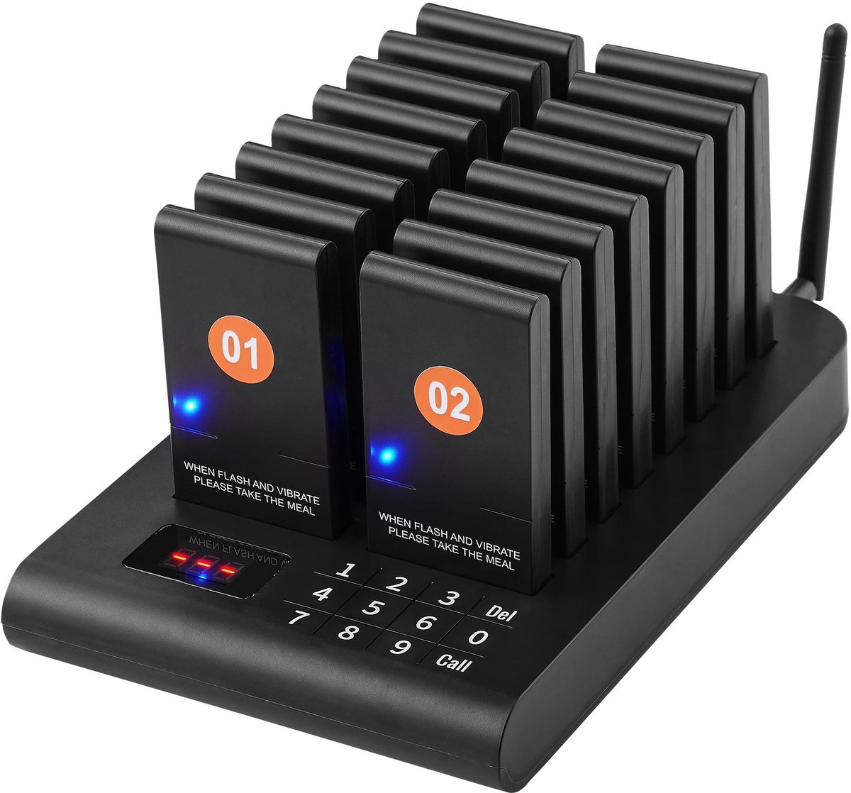 Velori Restaurant Pager Systeem 16 Pagers - Draadloos Oproepsysteem - Gastoproepsysteem - Wachtrij Systeem - Klant Oproeper - 500 m Bereik - Trilfunctie & LED