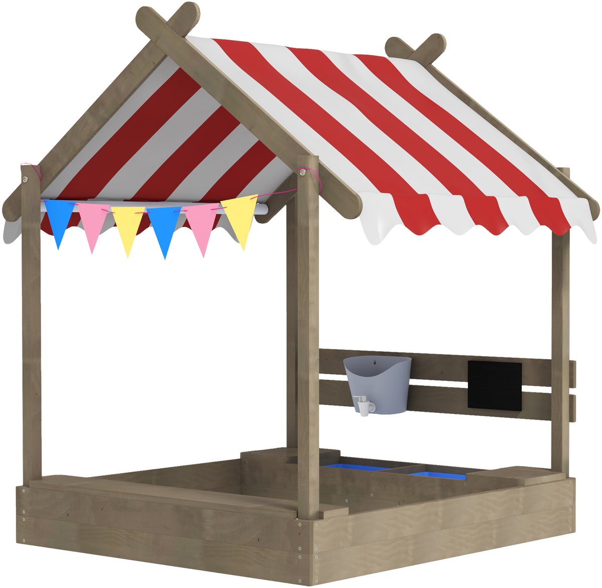 TEKROA® Houten Zandbak met Zonnedak en Speelgoed - Speelhuisje Design - Massief Hout - 124x116x146 cm - peelgoed, Wasbak & Krijtbord - Grijs