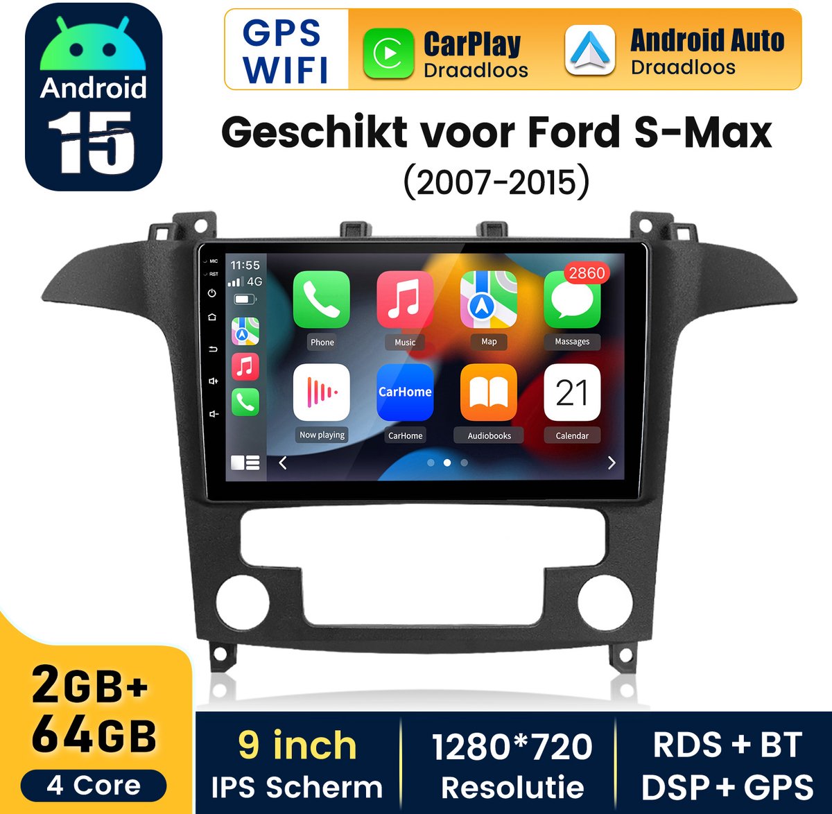 Hexinexmarket Autoradio Geschikt Voor Ford S-Max (2007- 2015) - Draadloos CarPlay, Android Auto, GPS Navi, multimediaspeler - 2G+64GB