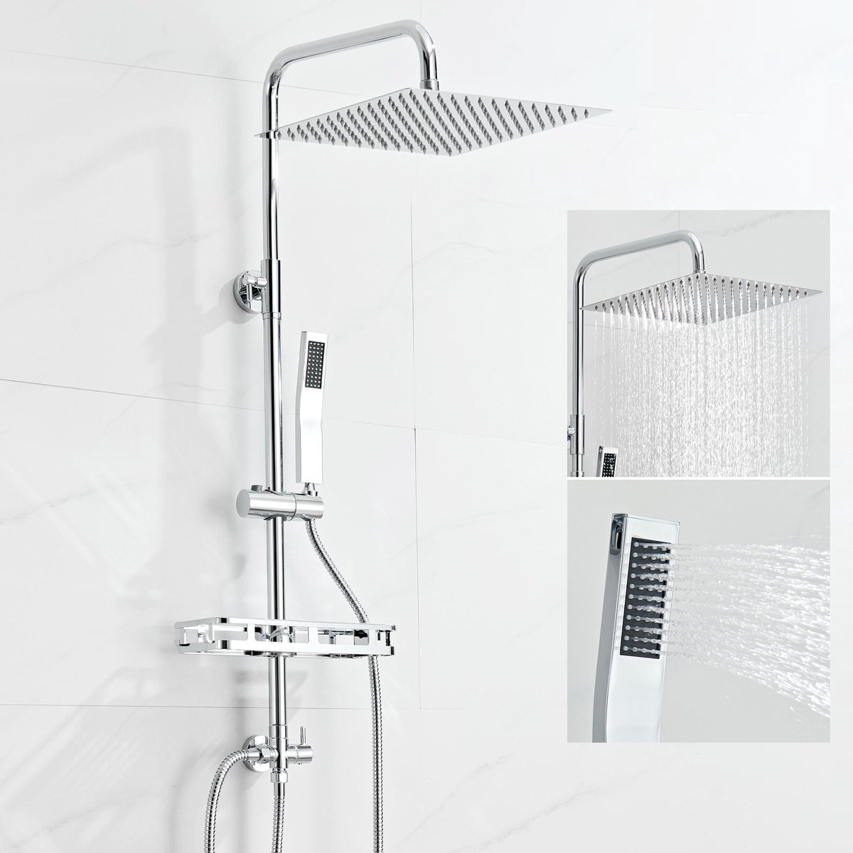 Auralum Max Regendouche - Doucheset - 12 inch Douchekop - Met Plankje - Verstelbare Hoogte 72-110 cm - Vierkant Design - Duurzame Messing Omsteller voor Badkamer - Chroom