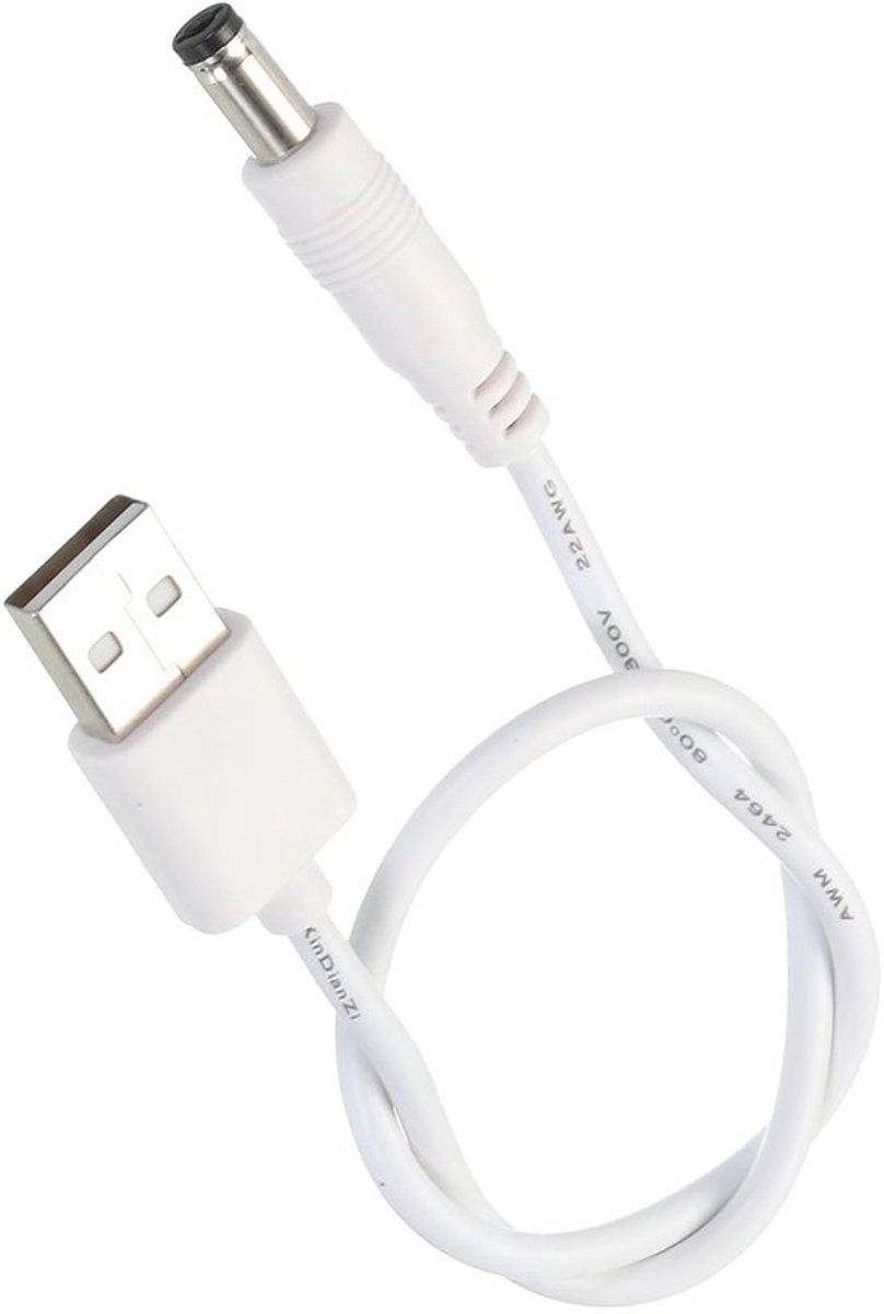 USB naar DC-voedingskabel 0,3 m, 5 V 3 A USB type A naar 5,5 mm x 2,1 mm cilindervormige stekker, wit voor mini-ventilator, LED-lamp, mobiel apparaat, PVC-mantel, 1 stuk