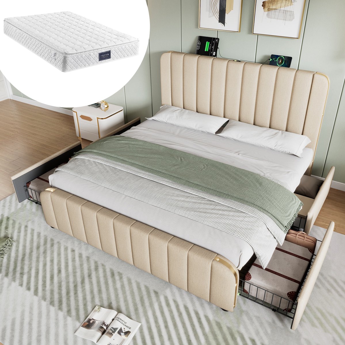 OKWISH Gestoffeerd Tweepersoonsbed 140 X 200 Cm Met Opberglades En Usb Type C Oplaadfunctie Met Lattenbodem Beige Zonder Matras