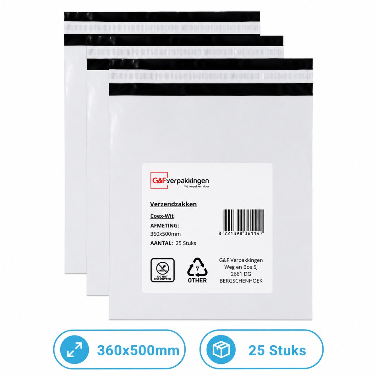 Verzendzakken 360x500 mm - 25 Stuks - Witte Verzendzakken met Plakstrip - CoEx LDPE - Scheurvast & Waterafstotend | G&F Verpakkingen
