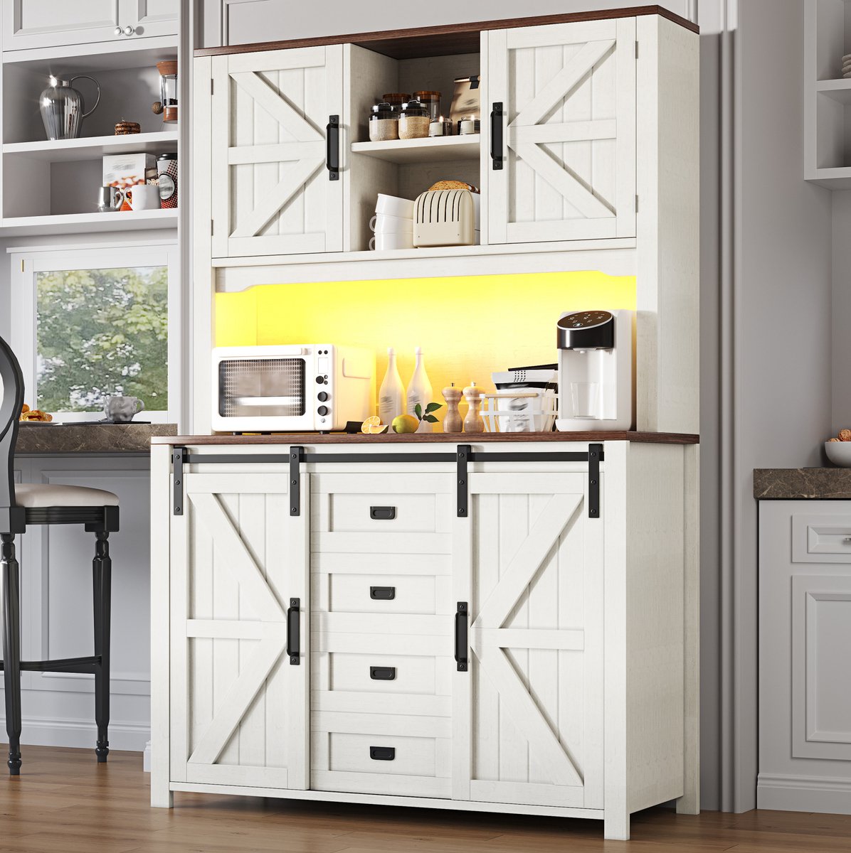 COVREO keukenkast 115 x 40 x 174,7 cm - wit, met LED-verlichting, schuifdeuren en lades