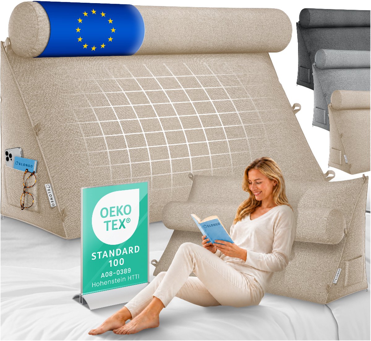 ELONEO Wigkussen - Nek- en Rugsteunkussen voor Rechtop Zitten in Bed, Lezen of op de Bank, met Zijvak en Afneembare Nekrol, Wasbare Hoes