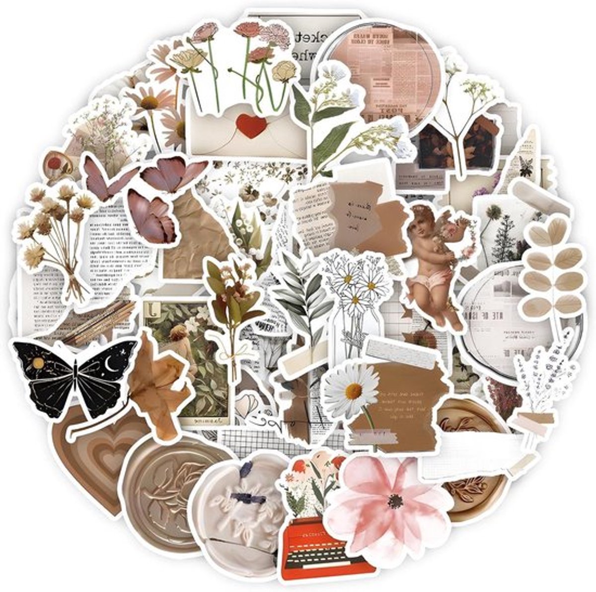 Set van 60 herfststickers met retro vintage uitstraling, ideaal voor scrapbooking en journaling, met diverse esthetische ontwerpen in warme herfstkleuren