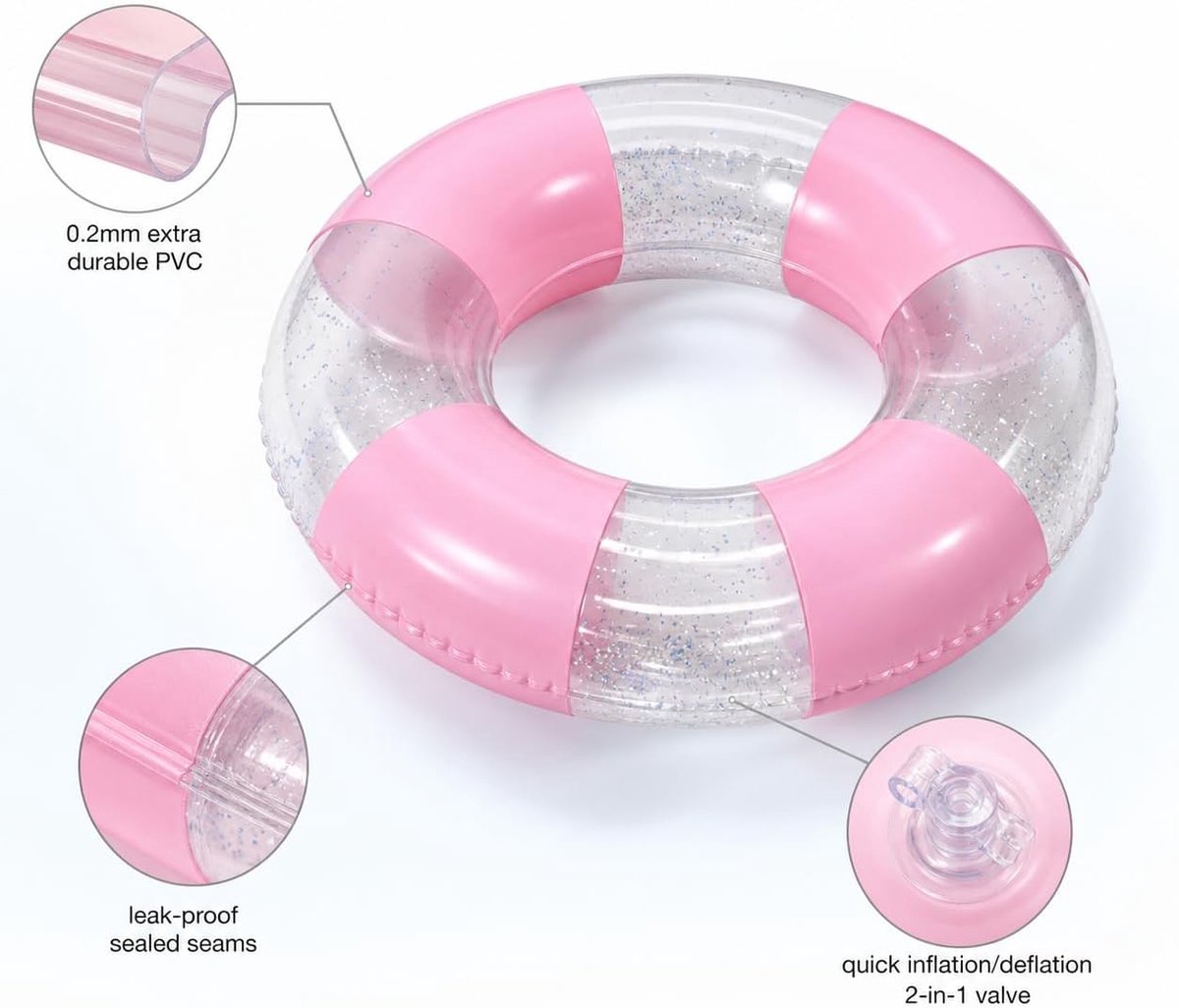 LISM-Opblaasbare zwemband voor volwassenen, retro gestreepte PVC-zwemband, geschikt voor tieners en volwassenen - roze