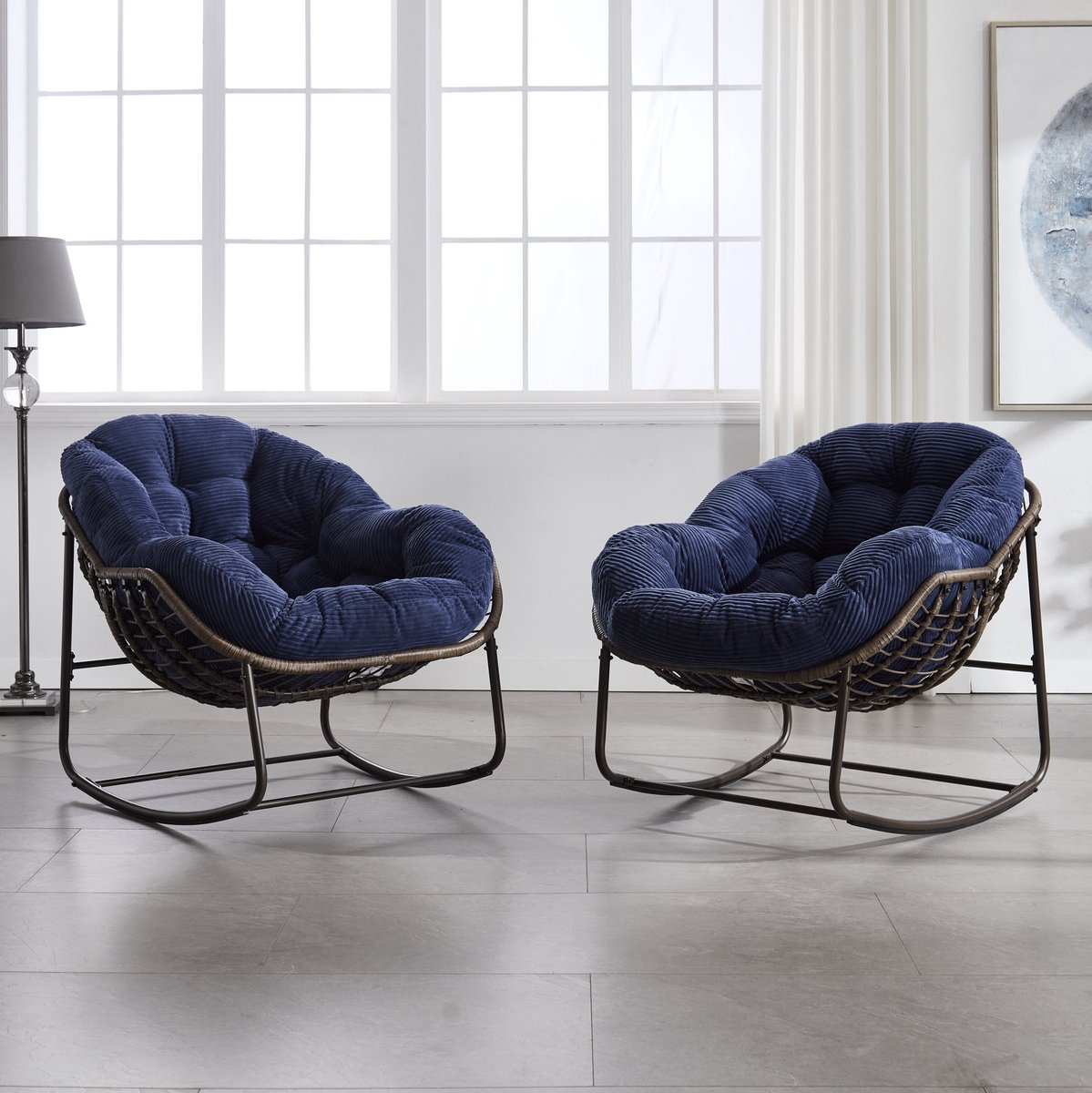MIVRAY Schommelstoel 78 x 106 x 90 cm - Handgeweven Rotan Met Gewatteerd Kussen - Voor Tuin, Terras En Woonkamer - Staal Donkerblauw
