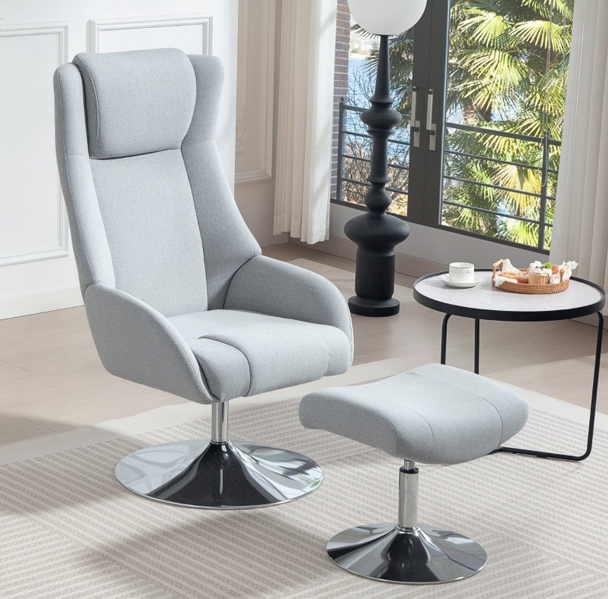 DESMIU Relaxfauteuil 68 x 84 x 118 cm - Draaibaar Met Hocker En Verstelbare Rugleuning - Voor Woonkamer En Slaapkamer - Stof Grijs