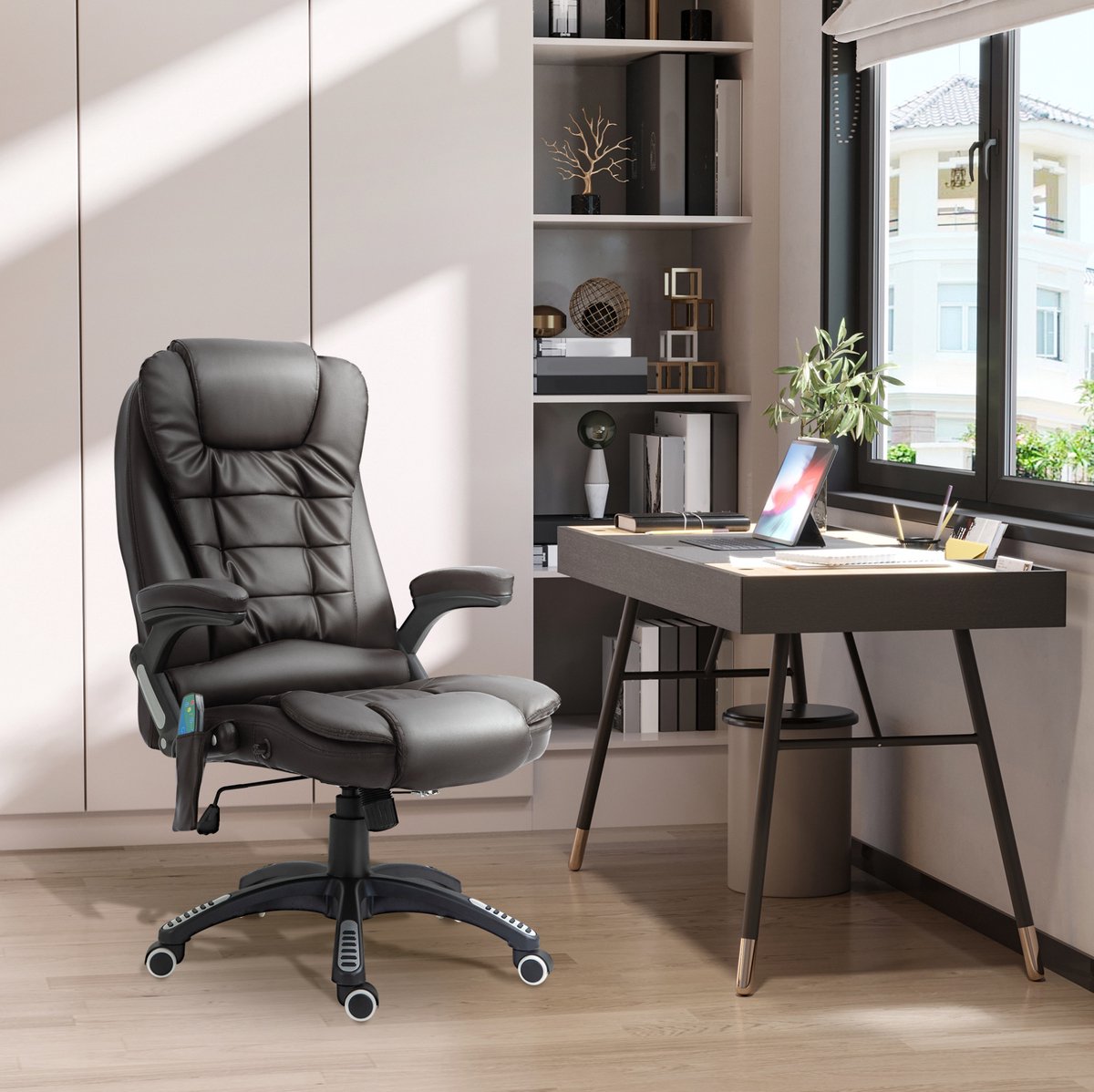 DESMIU Bureaustoel 62 Cm - 6-Punts Vibratiemassage Met Warmtefunctie En Hoogteverstelling - Voor Kantoor En Thuiswerkplek - Kunstleer Zwart