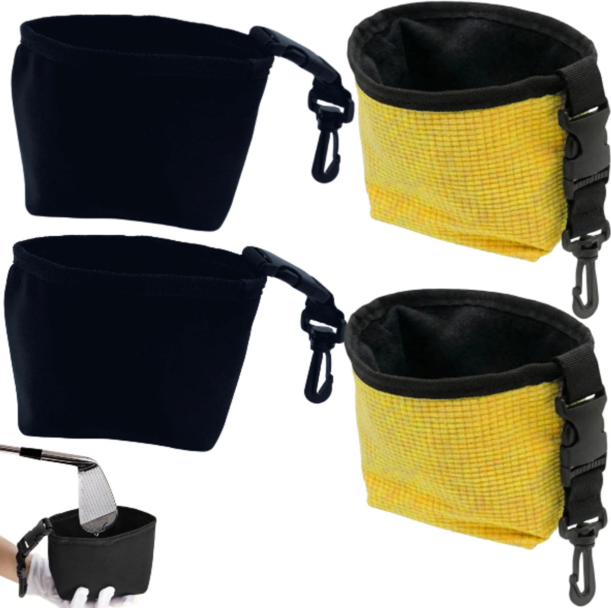4 stuks-golfreinigingsset - Draagbare golfbalreinigingstas - Doekjestas - Zwart, geel - 11*8*13 cm - Met karabijnhaak - Wasbaar - Multifunctioneel - Golfaccessoires