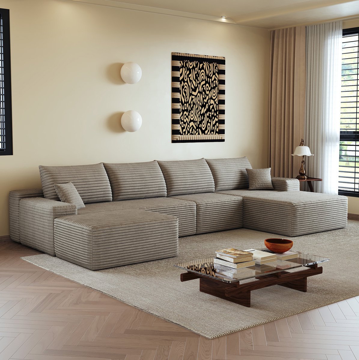 MIVRAY Hoekbank 340 Cm - Modulaire L-vorm Met Chaise Longue Zonder Montage - Voor Woonkamer Slaapkamer En Appartement - Ribfluweel Camel