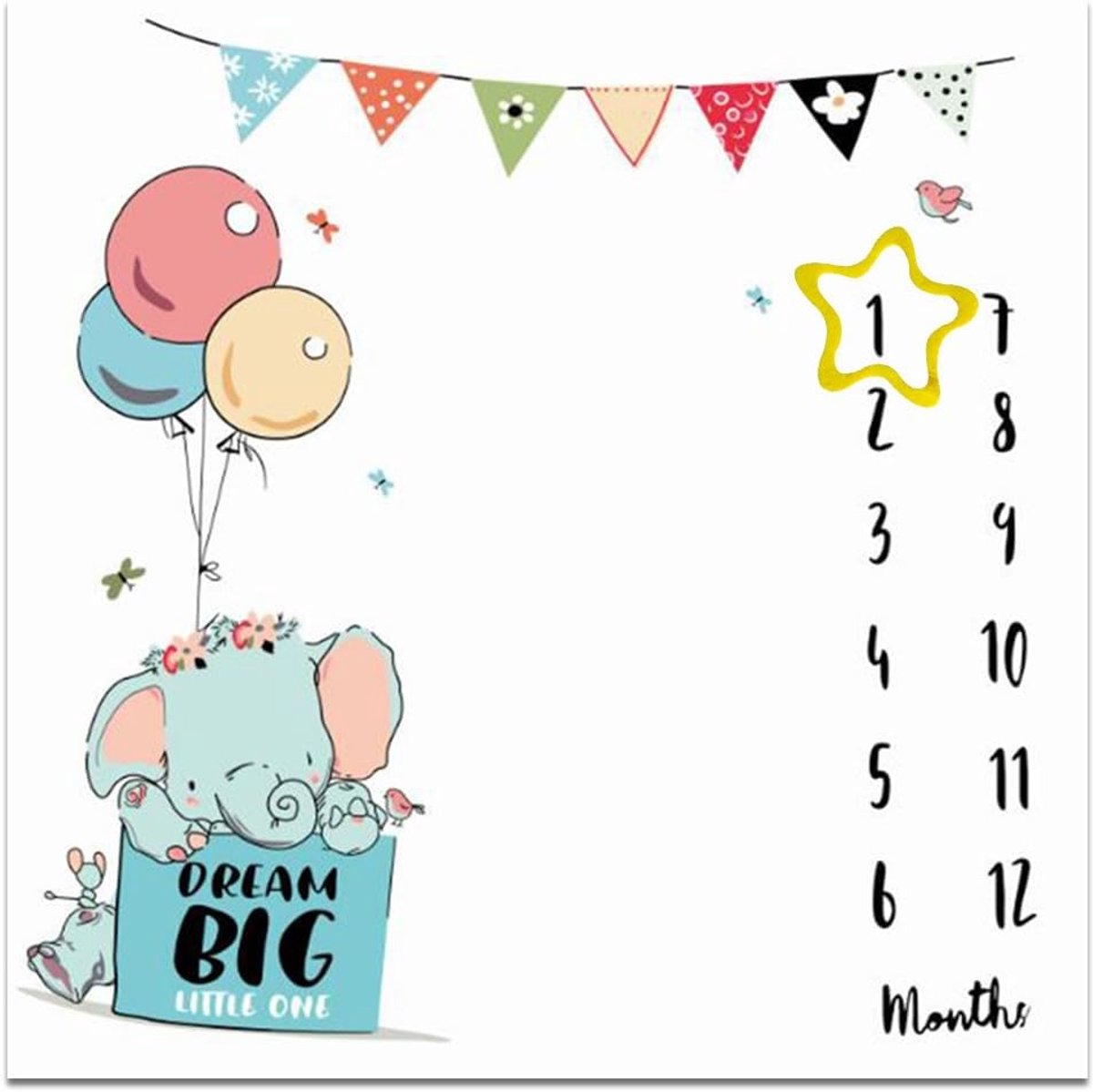 SnelShoppen - Persoonlijke Baby Mijlpaal Dekentje 100x100 cm - Fotodekentje met Kleurrijke Ballonnen en Vlaggen - Geschikt als Speelmat en Cadeau voor