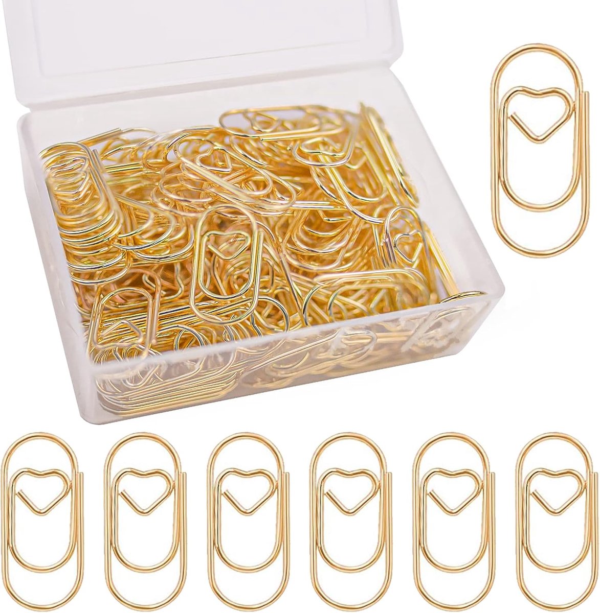 SnelShoppen - Paper Clips Hartvormig Goud - 130 Stuks - RVS en Gegalvaniseerd - Transparante Doos - Kleine Paperclips - Ovalen Motief voor Kantoor en