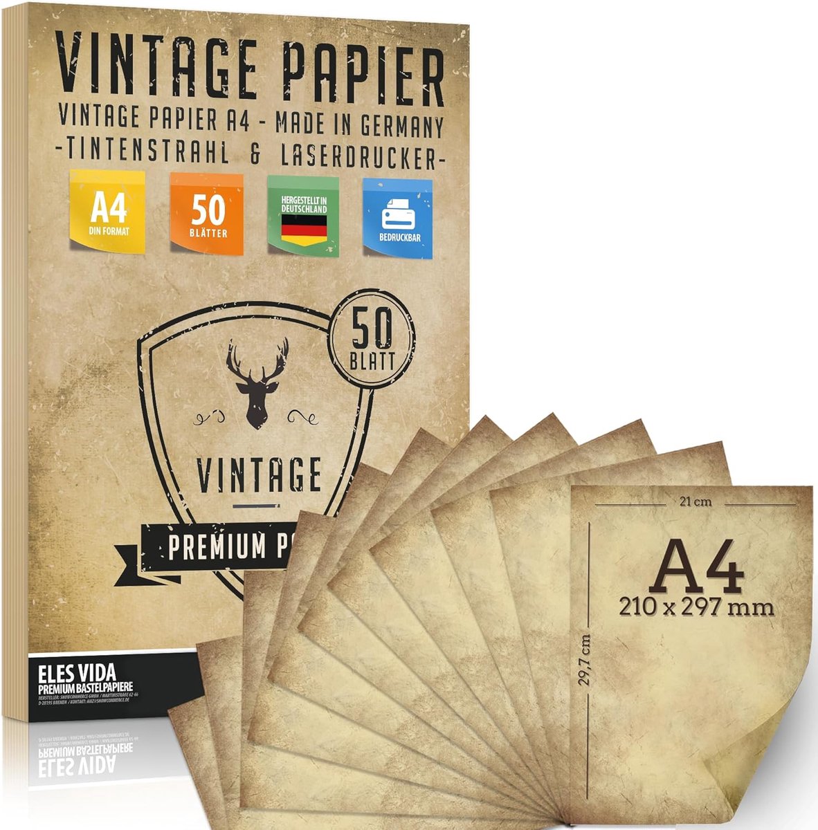 SnelShoppen - Pack van 50 A4 Vintage Papier 100g/m2 + 5 Bladen Kraftpapier - Antiek Stationery voor Kaarten, Schatzoeken, Kinderen, Historische Uitnod