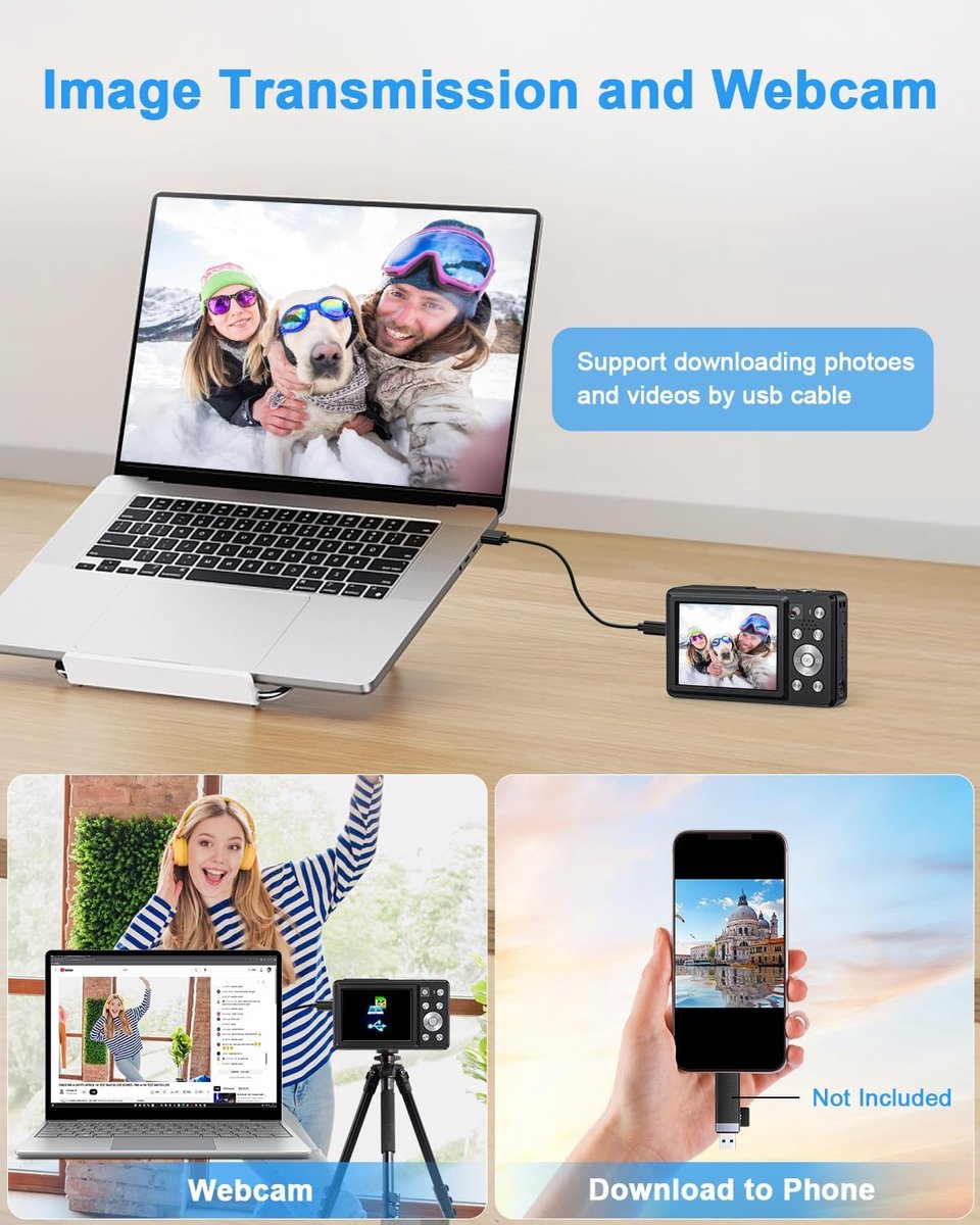 SnelShoppen - Digitale Camera 4K 64MP met Dubbele Lens, Autofocus, Flits, 16x Zoom, Antischok, 32GB Geheugenkaart - Compacte Vlogging Camera voor Kind thumbnail 6
