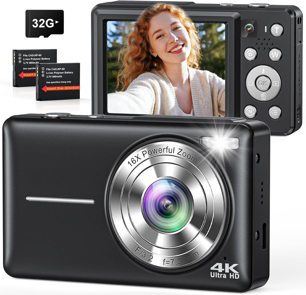 SnelShoppen - Digitale Camera 4K 64MP met Dubbele Lens, Autofocus, Flits, 16x Zoom, Antischok, 32GB Geheugenkaart - Compacte Vlogging Camera voor Kind