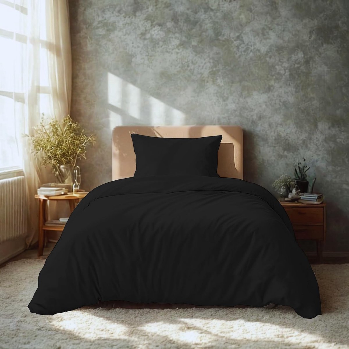 SnelShoppen - Komfortec Premium Beddengoed Set 135x200 cm met Kussensloop 40x80 cm - Zacht Microvezel, Zwart, Ideaal voor Comfortabel Slapen