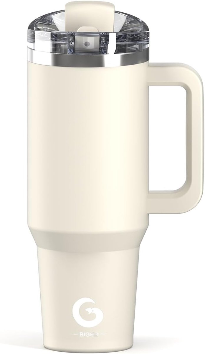 SnelShoppen - RVS Drinkfles 1.2L met Rietje en Handvat - Dubbelwandige Thermosfles, Lekvrij, Houdt Dranken 6 Uur Warm en 12 Uur Koud, BPA Vrij, Beige