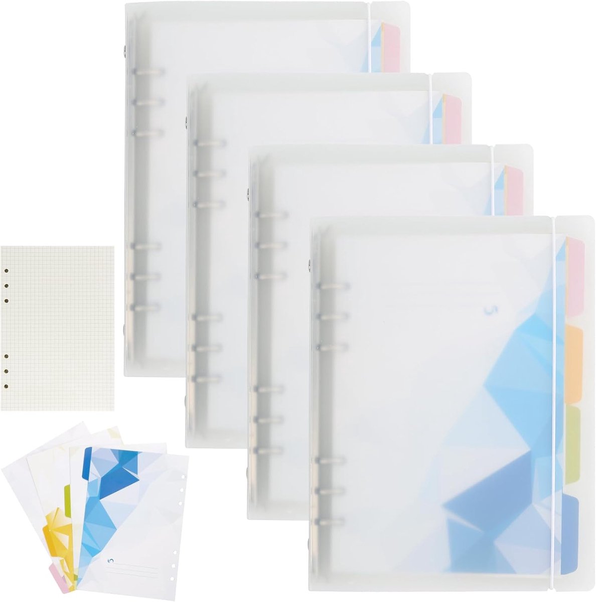SnelShoppen - Refillable Ring Binder A5 Set van 4 - Gecheckt Spiral Block met 80 Vellen, 4 Kleurrijke Tabs, 6 Gaten Vullingen voor Thuis en School