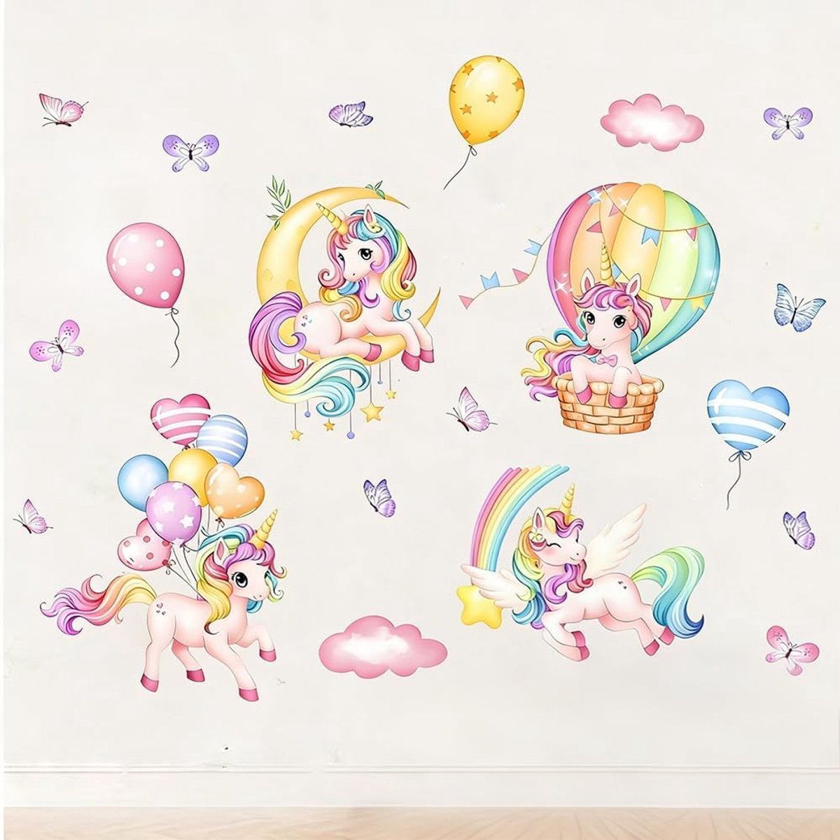 SnelShoppen - 30 x 60 cm Muursticker Eenhoorn met Regenboog en Ballon - Roze Wanddecoratie voor Kinderkamer Meisjes - Hoogwaardig Vinyl voor Slaapkame
