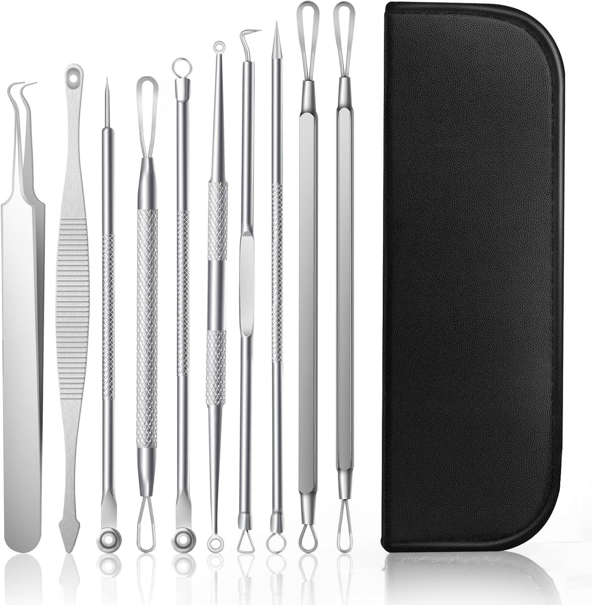 SnelShoppen - Blackhead Remover Set 10 Delen - Pimple Verwijderaar, RVS Pimple Press Tool voor Mannen en Vrouwen - Perfect voor Acne, Blackheads en Hu