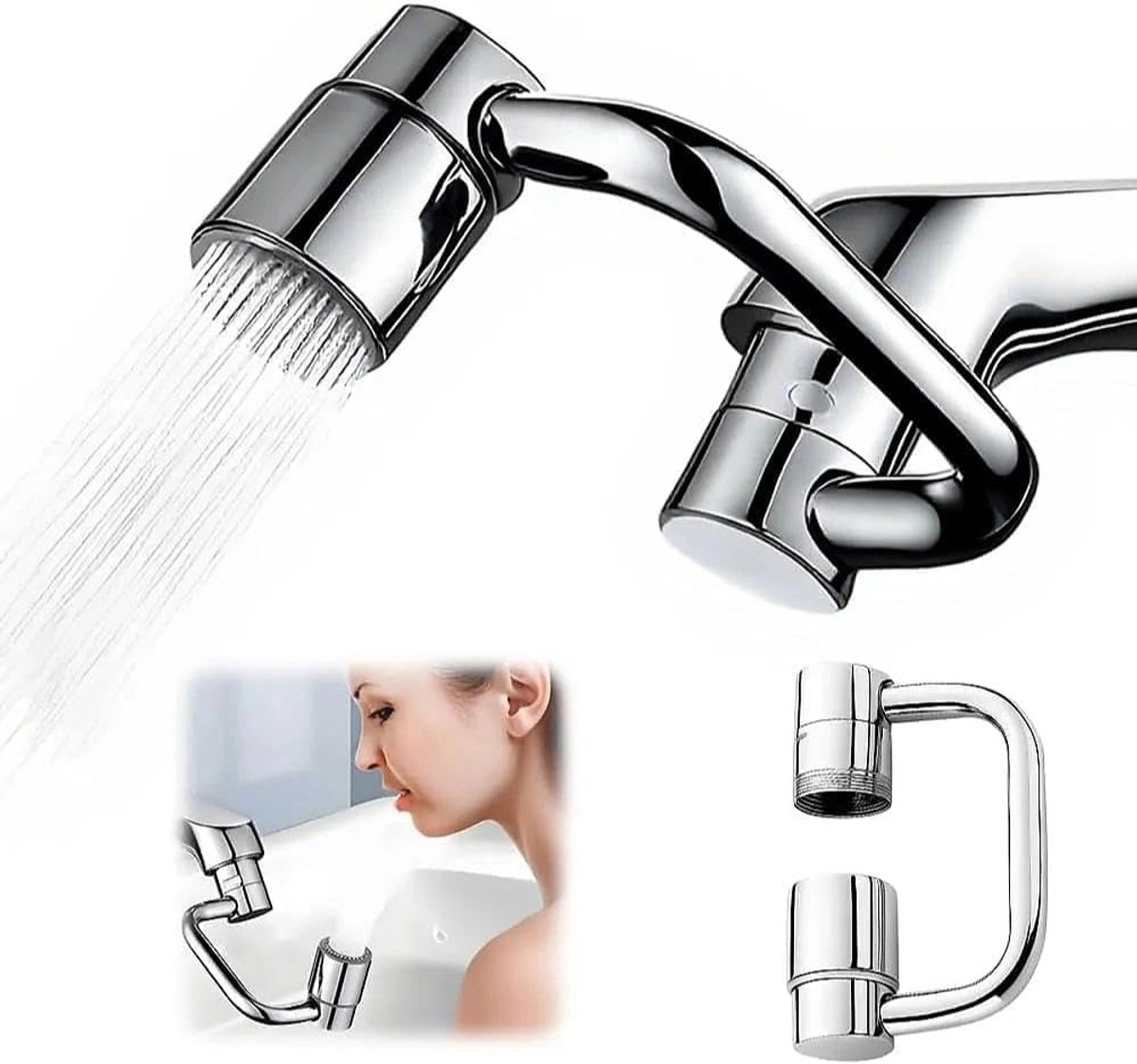 SnelShoppen - Faucet Attachment Tap Extender 1440° Rotatie, Verstelbare Waterkraan Accessoire voor Keuken en Badkamer, RVS, 2 Werkmodi, Rotating Tap E