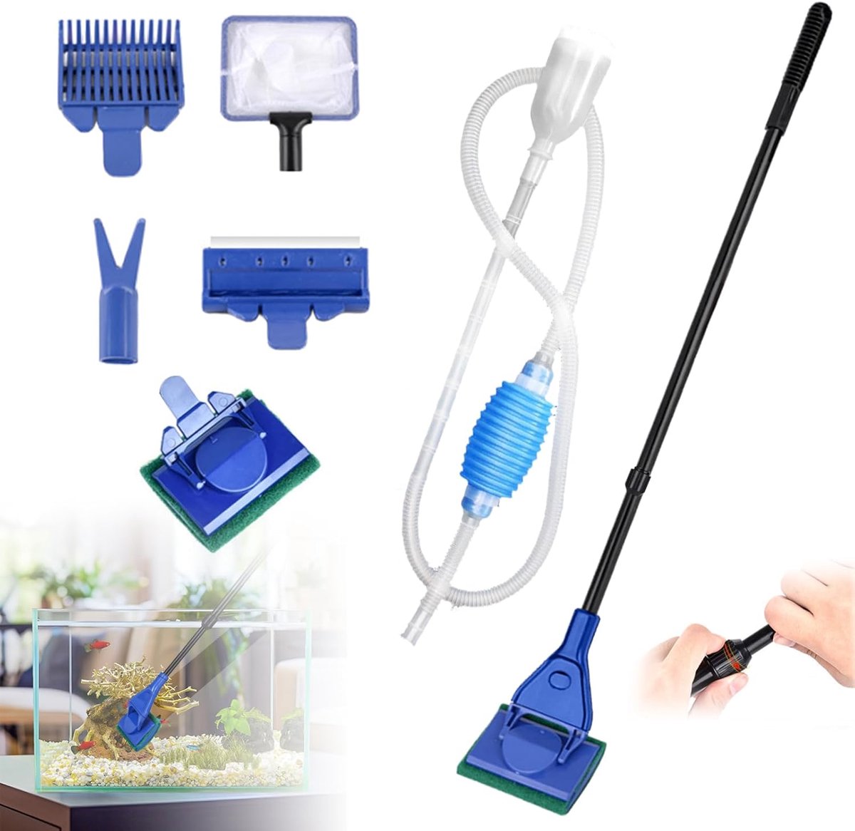SnelShoppen - Five-in-one aquarium reiniger, aquarium onderhoudsset, aquarium stofzuiger, schoonmaakset voor aquarium, verstelbare handgreep, 5 functi