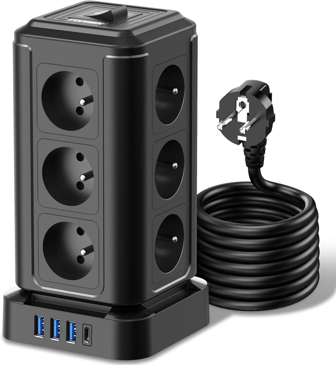 SnelShoppen - 12 Franse stopcontacten powerstrip met 1 USB C (20W PD3.0), 3 USB A poorten, schakelaar en 2 meter verlengkabel, 4000W/16A met overspann