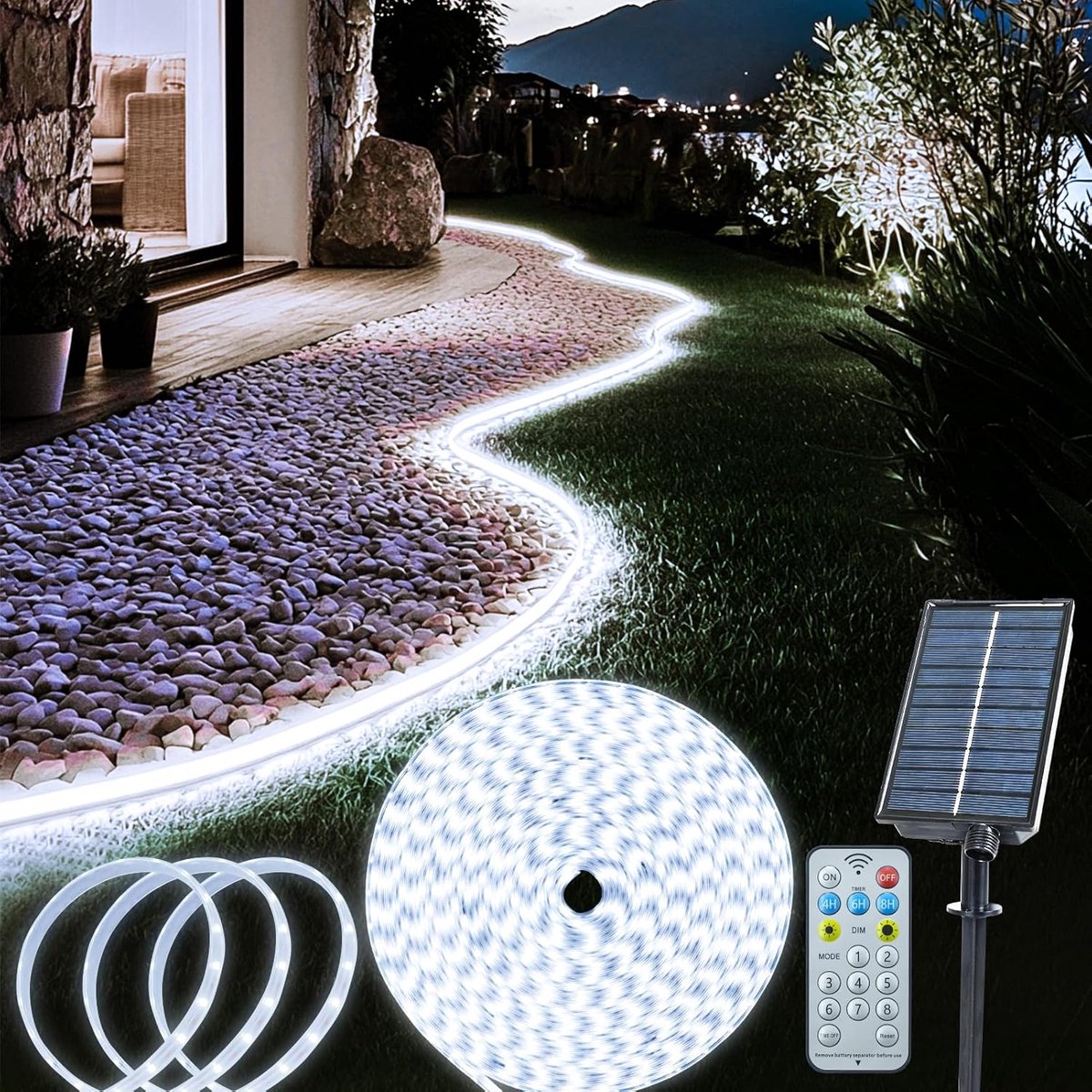 SnelShoppen - Solar LED Tuinverlichting Strip 10m - 640 LED - Met Afstandsbediening - 8 Verlichtingsmodi - Waterdicht voor Tuin, Terras, Fence, Gazebo