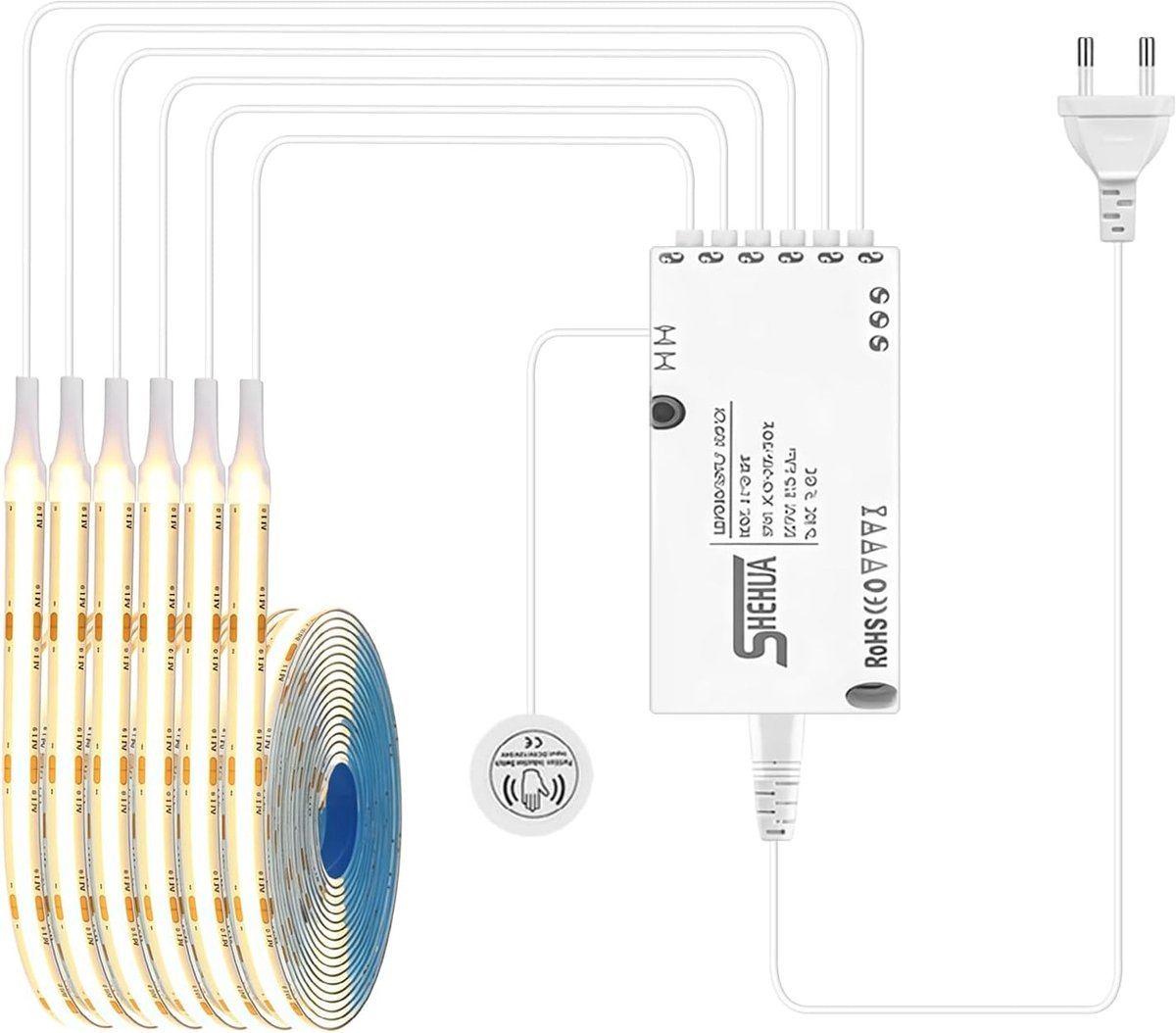 SnelShoppen - Set van 6 COB LED Strips 1 m met Hand-Swipe Touch Control, Warm Witte Verlichting voor Kasten, Planken en Accenten, EU Plug, Ideaal voor