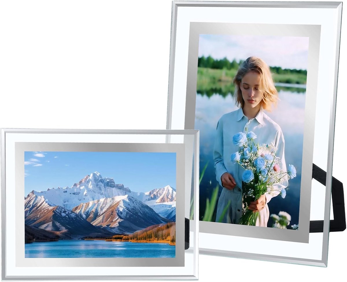 SnelShoppen - Pack van 2 Glazen Fotolijsten 10 x 15 cm, Zilver Modern Desk Fotolijst, Horizontaal/Verticaal, Perfecte Verjaardag/Kerst Cadeau