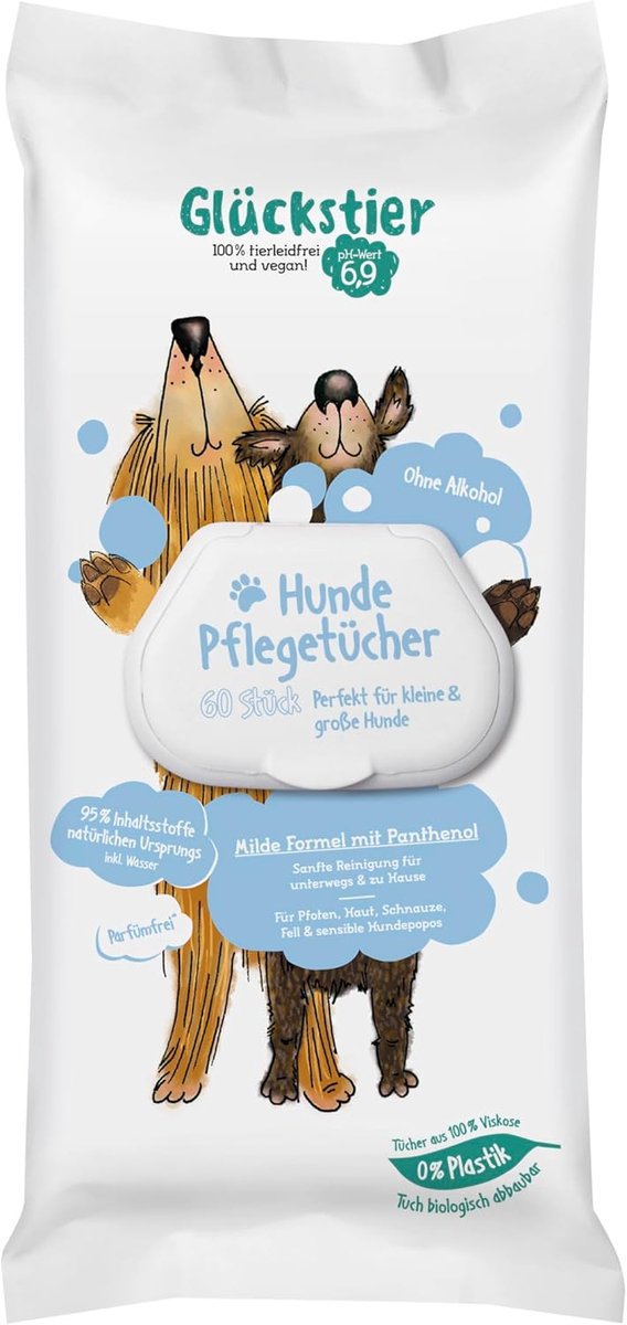 SnelShoppen - Dog grooming cloths voor honden, extra milde doeken, 60 stuks, natuurlijk, zonder parfum en alcohol, ideaal voor gevoelige huid, perfect