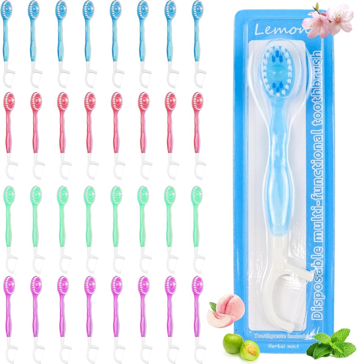 SnelShoppen - Set van 32 Mini Disposable Reis Tandenborstels met Tandpasta, Tongschraper en Tandenstoker, Compact en Draagbaar, Assortiment smaken voo