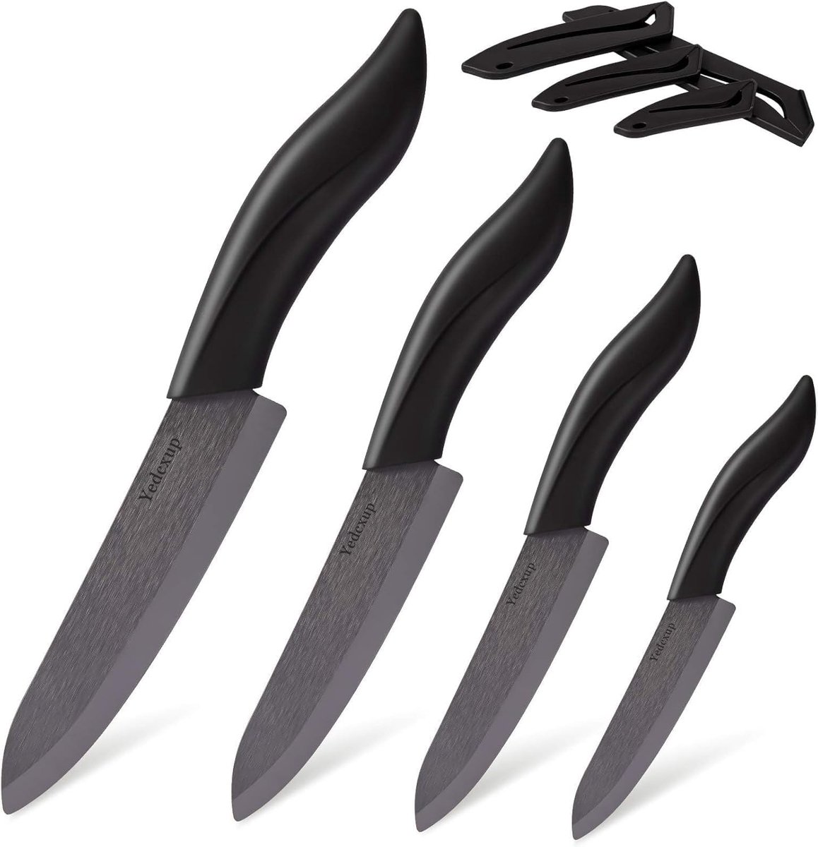 SnelShoppen - 4-delige Keramische Keukenmes Set - 6 inch Chef, 5 inch Utilitair, 4 inch Fruit, 3 inch Schiller - Rvs-vrij, Snijbeschermers, Zwart - Pe