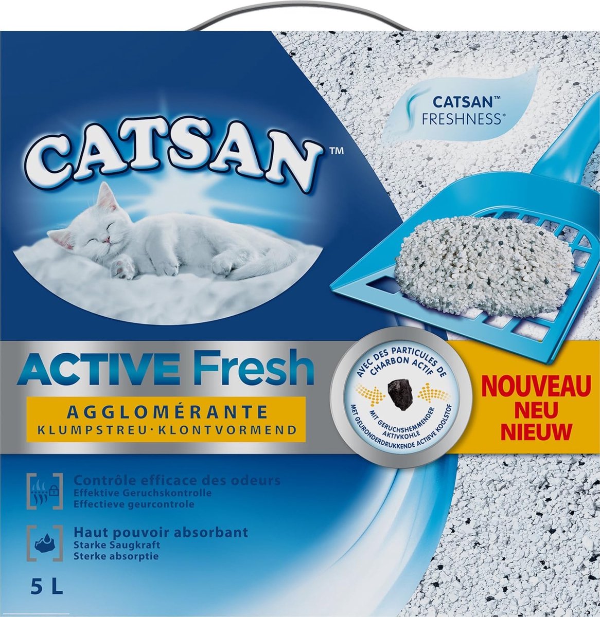 SnelShoppen - Catsan Active Fresh Kattenbakvulling 5L - Klontvormende kattenbakvulling met Geurcontrole, Natuurlijke Witte Klei en Actieve Koolstof