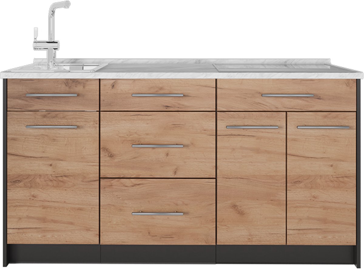 Vicco Keukenblok Fame-Line, Goudkleurig Eiken/Antraciet, 150 cm, WB Marmer