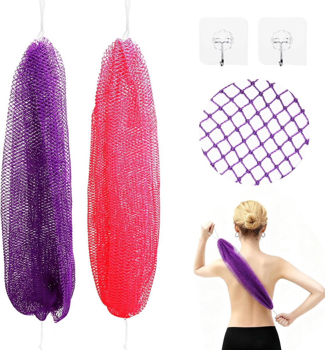 SnelShoppen - Pack van 2 Afrikaanse Net Sponsen met Hangkoord, Lange Peeling Spons voor Lichaam en Rug, Bad Spons, Peeling Spons, Douche Spons, Ideaal