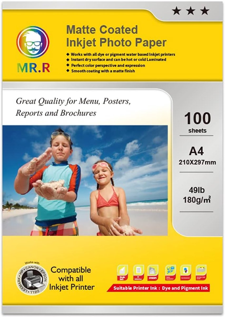 SnelShoppen - Photo Paper A4 Matte 180gsm - 100 Vellen - Instant Droog - Waterdicht - Perfect voor Menu's, Posters, Rapporten en Brochures