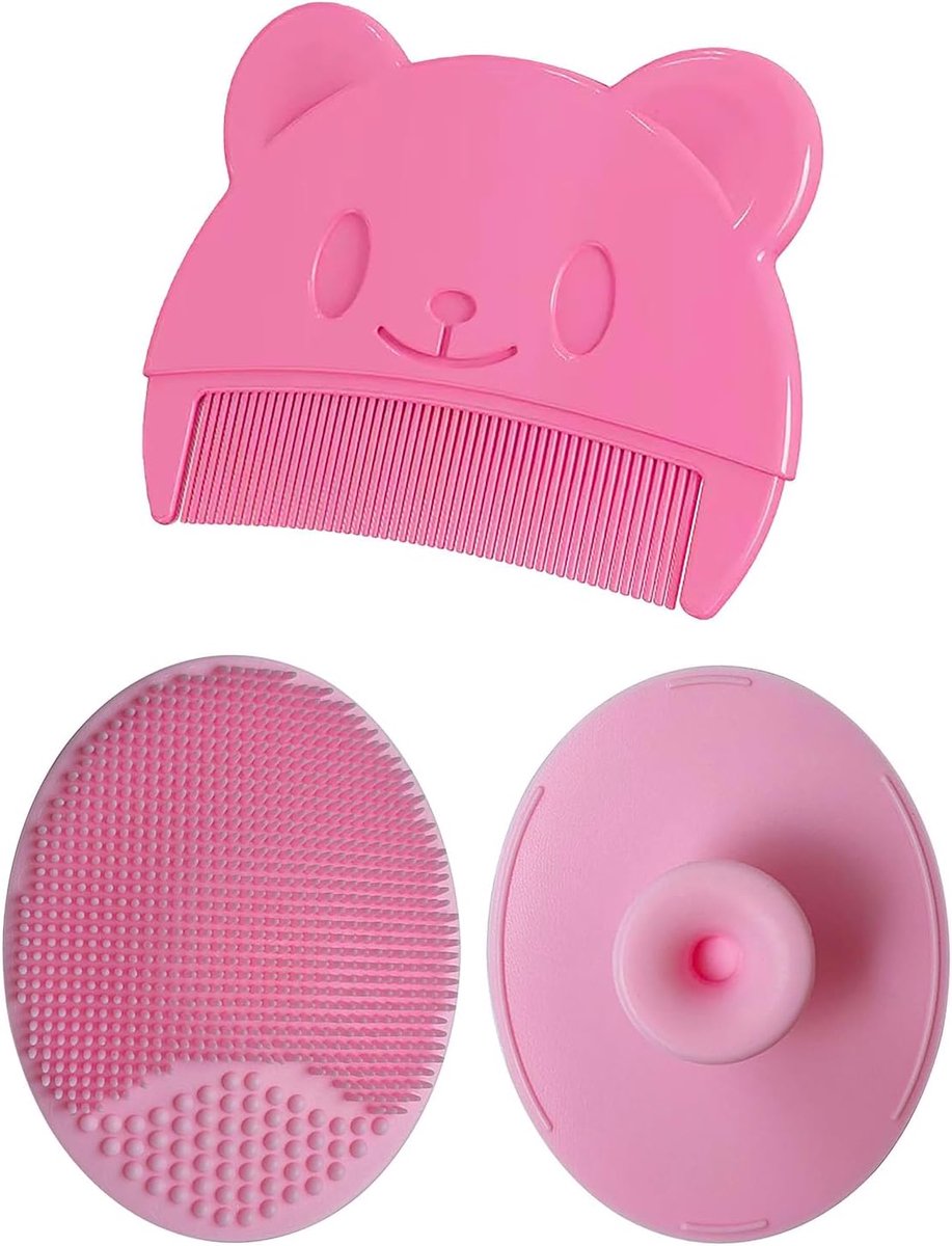 SnelShoppen - Baby Badborstel Set - Silicone Massagespons, Baby Haarkam en Crib Borstel - Veilig en Comfortabel - 3 Stuks - Roze - Ideaal voor Kindere