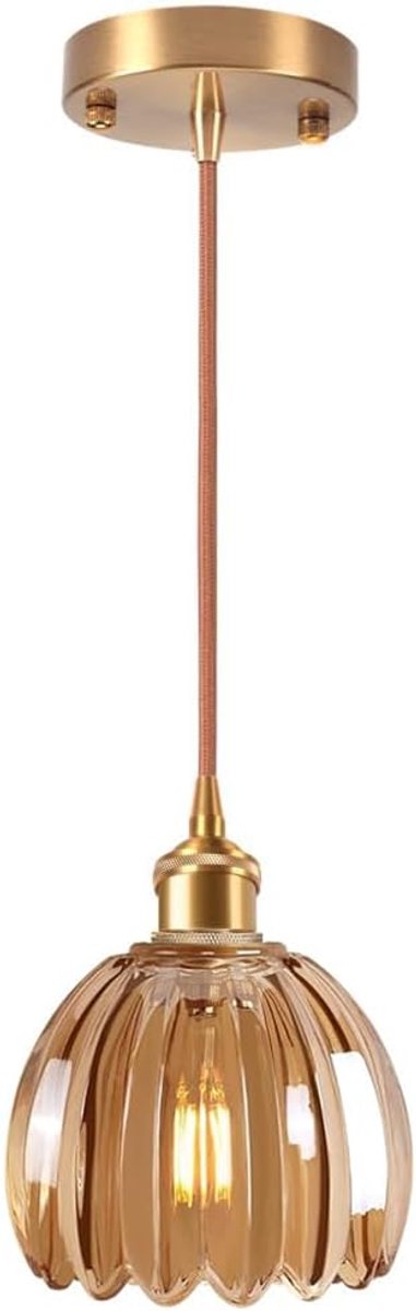 SnelShoppen - Vintage Brass Gouden Hanglamp - Glas Kroonluchter voor Woonkamer - Amber Kleur - E27 Fitting - 40-60W - Hoogte 13cm - Diameter 10,5cm -