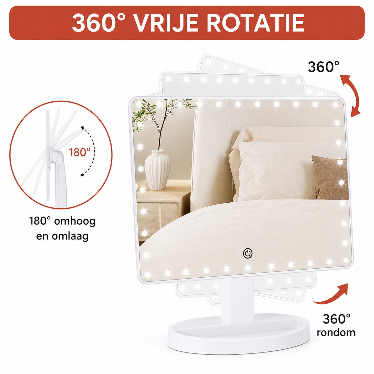 Make-upspiegel met LED Verlichting – Dimbare Touch Spiegel – 1X/2X/3X & 10X Vergrotingsspiegel – 180° Draaibaar – USB & Batterij – Wit